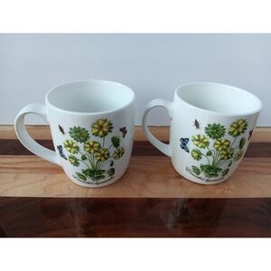 VTG Coffee Mug Set of 2 Floral Butterly Mugs Flowers Yellow Blue Green 10oz